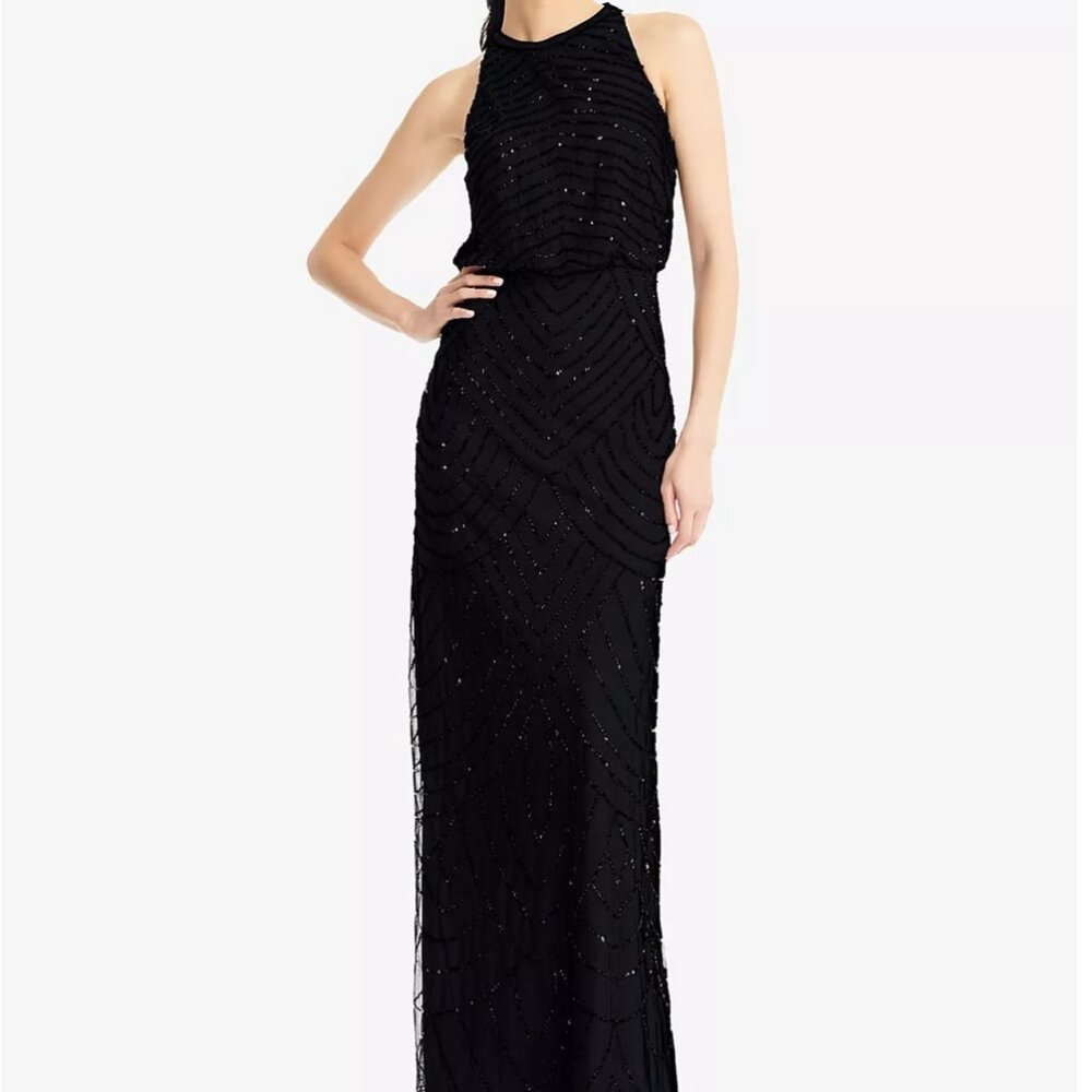 Adrianna Papell Beaded Halter Neck Evening Maxi Dress (Black, 10)